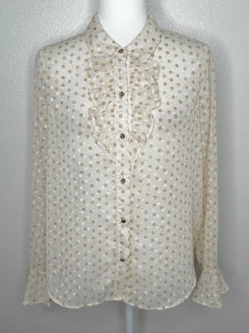 Rachel Zoe Womens Cream Sheer Polka Dot Ruffle Button-Up Top Blouse Size M EUC
